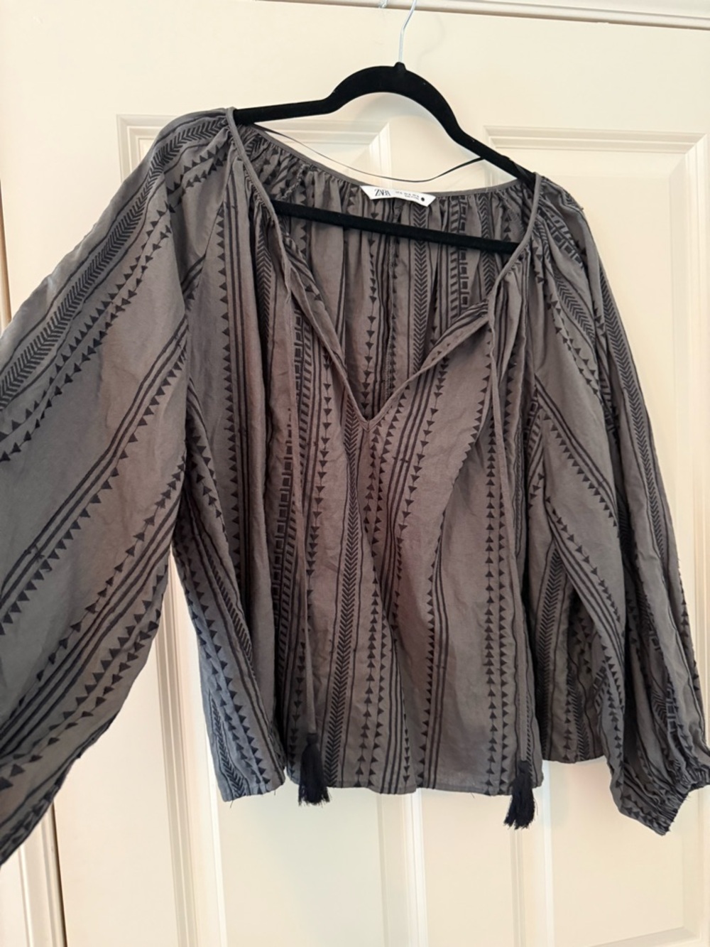 Zara Charcoal Gray Embroidered Boho Blouse